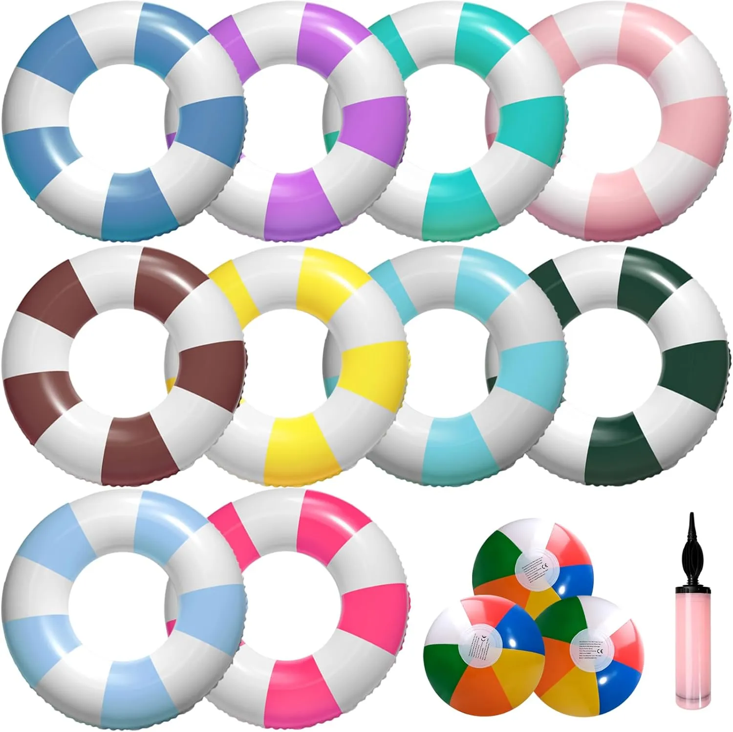 10 Pcs Classic Striped Pool Inner Tubes with 3 Beach Balls and 1 Pump, Fun Prints Inflatable Tube Floaties for Swimming Summer Beach Party Decor Supplies