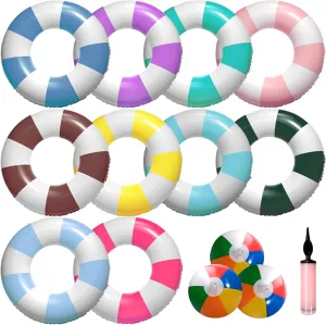 10 Pcs Classic Striped Pool Inner Tubes with 3 Beach Balls and 1 Pump, Fun Prints Inflatable Tube Floaties for Swimming Summer Beach Party Decor Supplies