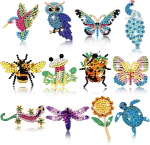12 Pcs Women Brooch Bulk Set Rhinestone Animal Insect Crystal Pins Butterfly Dragonfly Hummingbird Owl Peacock Bee Brooch Pin DIY Diamond Painting Christmas Gifts Bulk for Party Favors Fashion