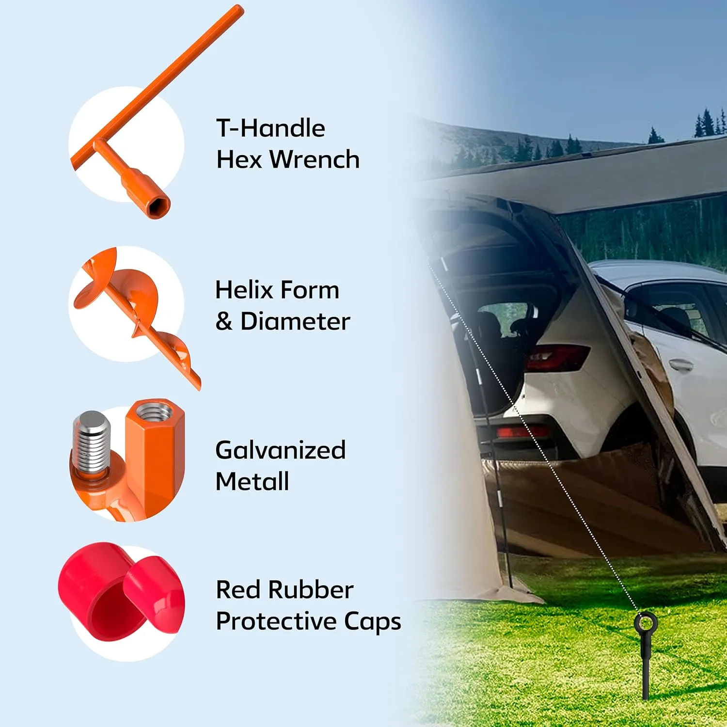 18" Heavy Duty Ground Anchors Kit (Orange 4 Pcs) - Shed Tree Tent Dog Canopy Trampoline Anchor Kit - Long Spiral Earth Auger - Tie Down Screw in Swing Set Anchors - to Ground Stakes - Sand Anchor Kit