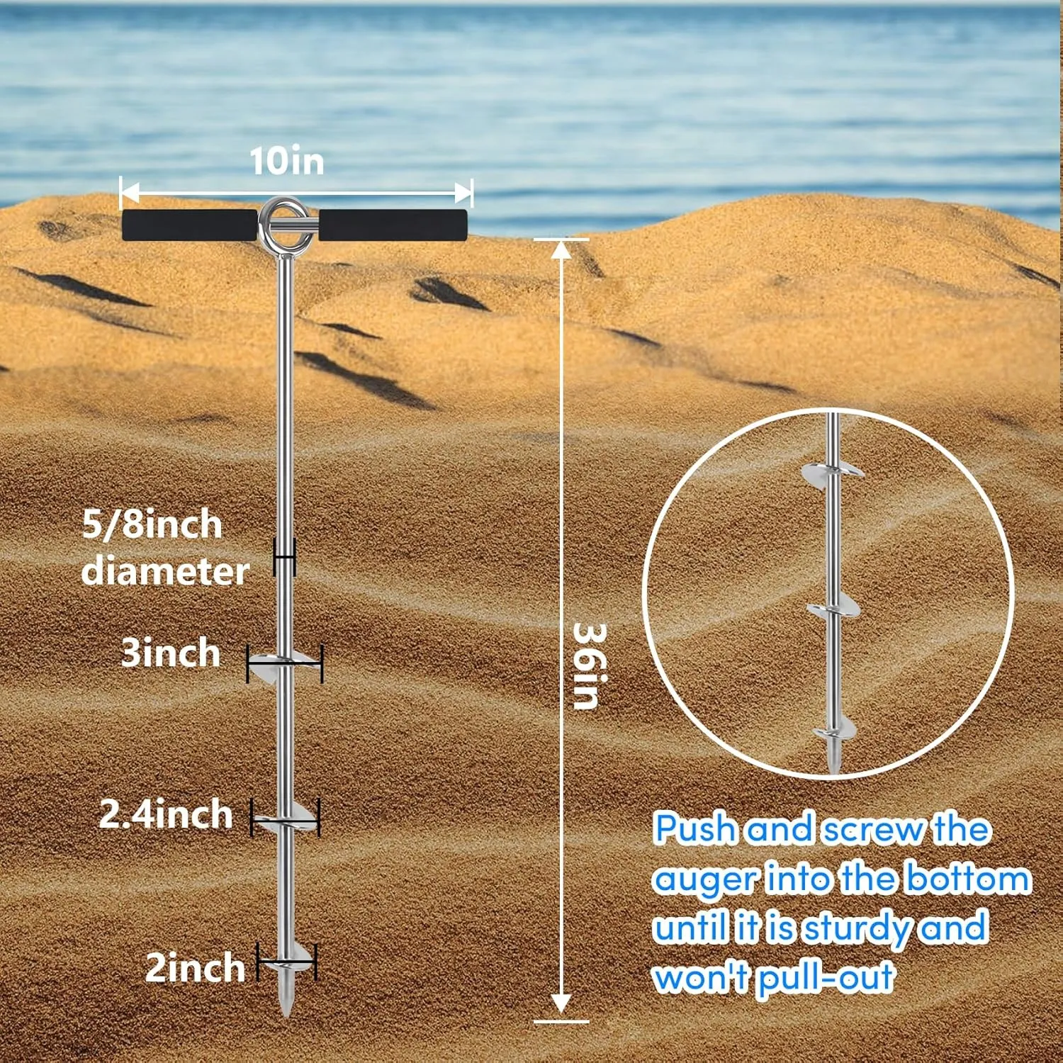 18"/24"/36" Sand Anchor,Chromium-Plated Steel Stainless Steel Boat Screw Anchor with Removable Handle,Boat Sand Anchor with Bungee Dock Line，Shallow Water Anchor for Jet Ski,PWC,Pontoon,Kayak,Canoe