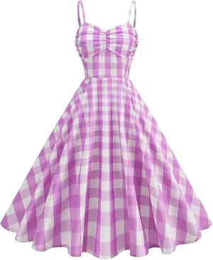 1950s Retro Plaid Dress for Women 60s Rockabilly Homecoming Pinup Gingham Dresses Vintage Spaghetti Strap Hepburn Dress