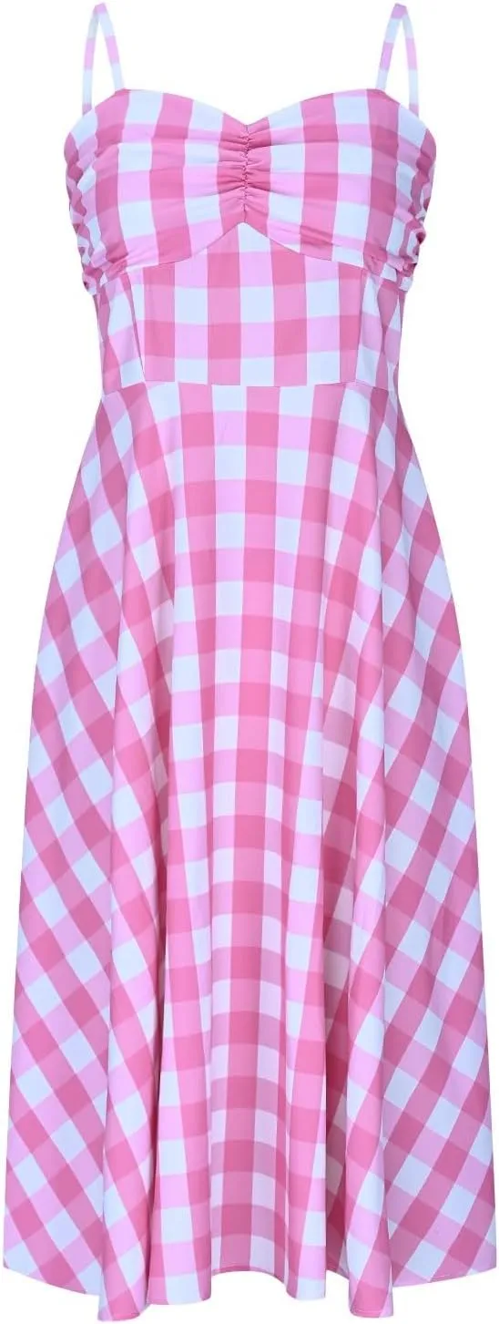 1950s Retro Plaid Dress for Women 60s Rockabilly Homecoming Pinup Gingham Dresses Vintage Spaghetti Strap Hepburn Dress