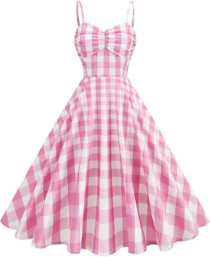 1950s Retro Plaid Dress for Women 60s Rockabilly Homecoming Pinup Gingham Dresses Vintage Spaghetti Strap Hepburn Dress