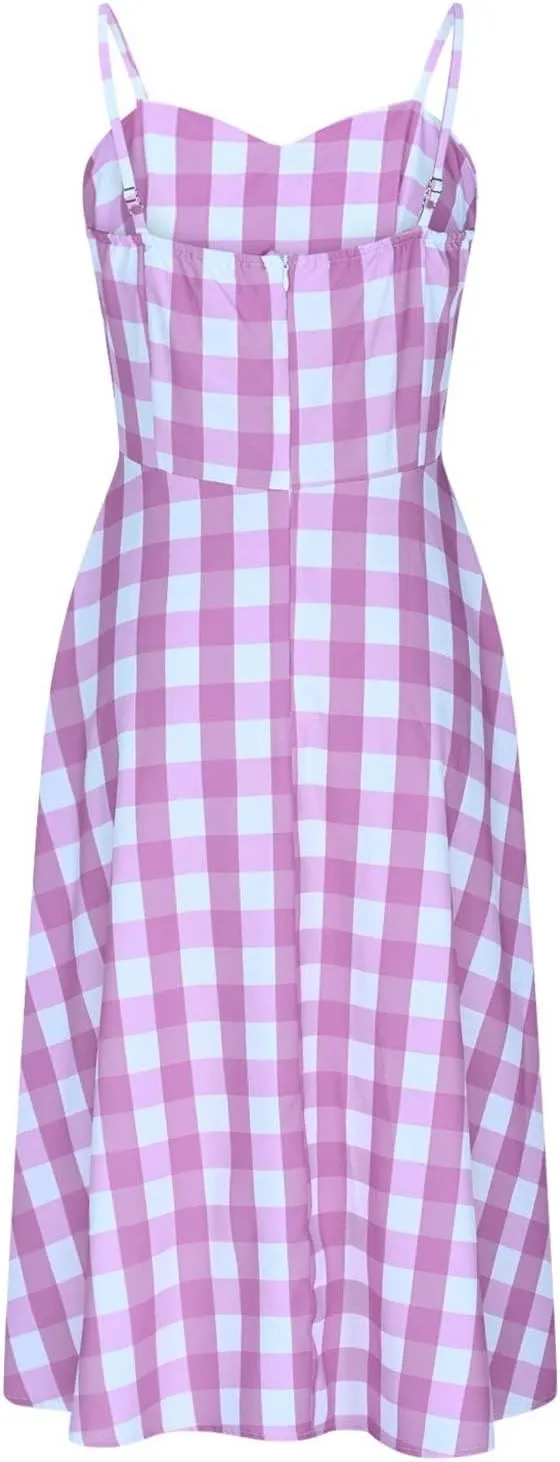 1950s Retro Plaid Dress for Women 60s Rockabilly Homecoming Pinup Gingham Dresses Vintage Spaghetti Strap Hepburn Dress