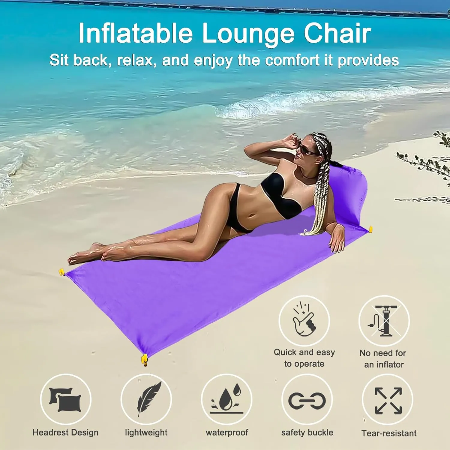 2 Inflatable Lounger with Backrest and Carrying Bag - Lightweight and Simple Design for Camping and Relaxing, Comfortable Beach Chair (Navy Blue & Purple)