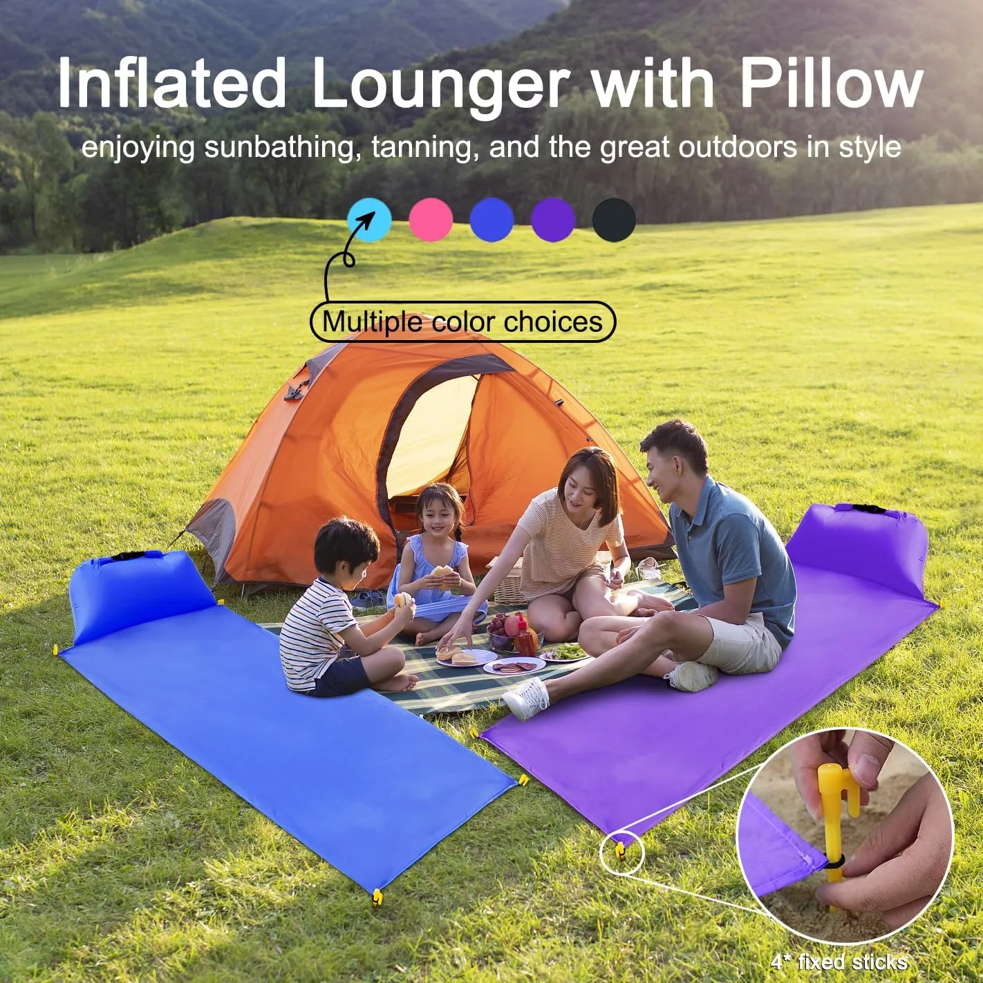 2 Inflatable Lounger with Backrest and Carrying Bag - Lightweight and Simple Design for Camping and Relaxing, Comfortable Beach Chair (Navy Blue & Purple)