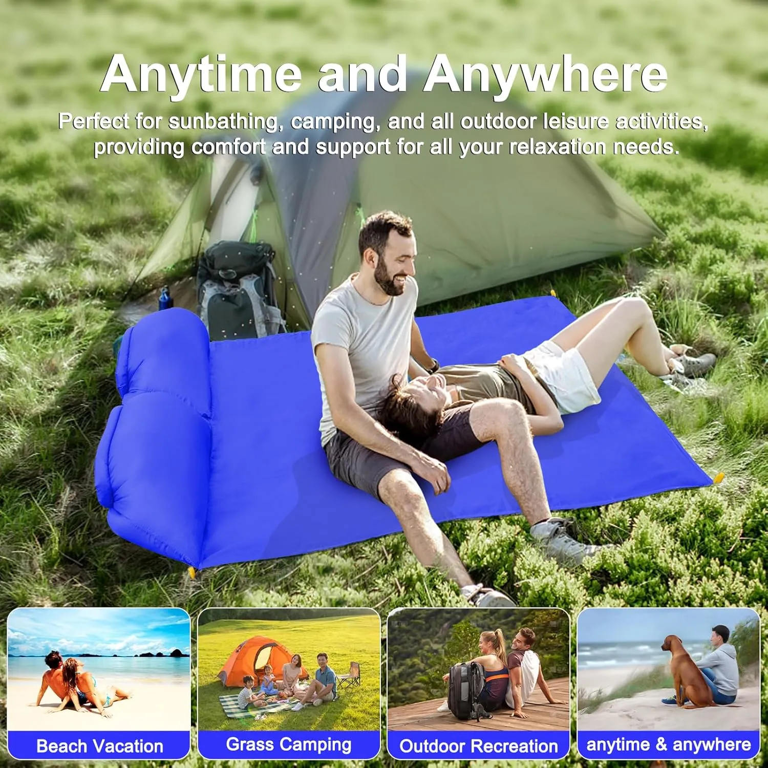 2 Inflatable Lounger with Backrest and Carrying Bag - Lightweight and Simple Design for Camping and Relaxing, Comfortable Beach Chair (Navy Blue & Purple)