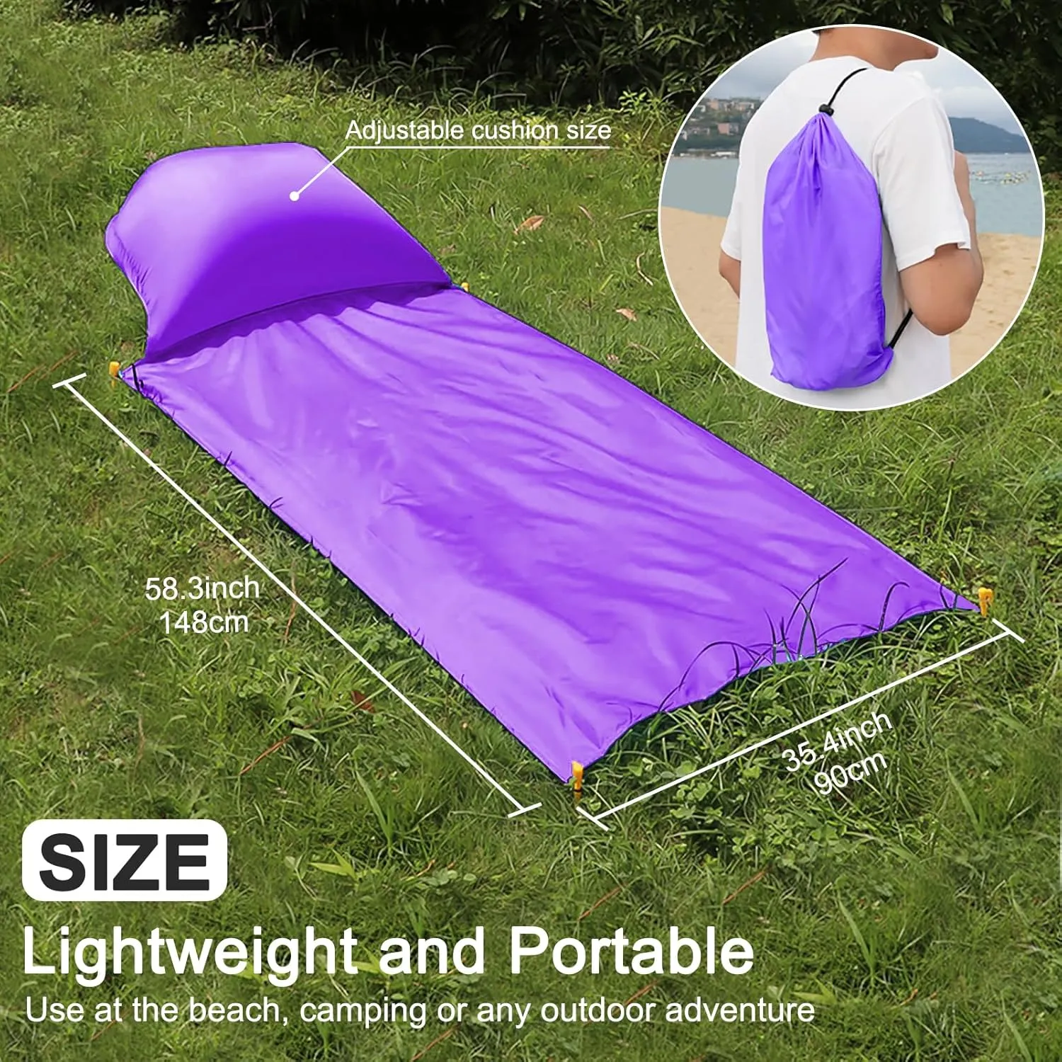 2 Inflatable Lounger with Backrest and Carrying Bag - Lightweight and Simple Design for Camping and Relaxing, Comfortable Beach Chair (Navy Blue & Purple)