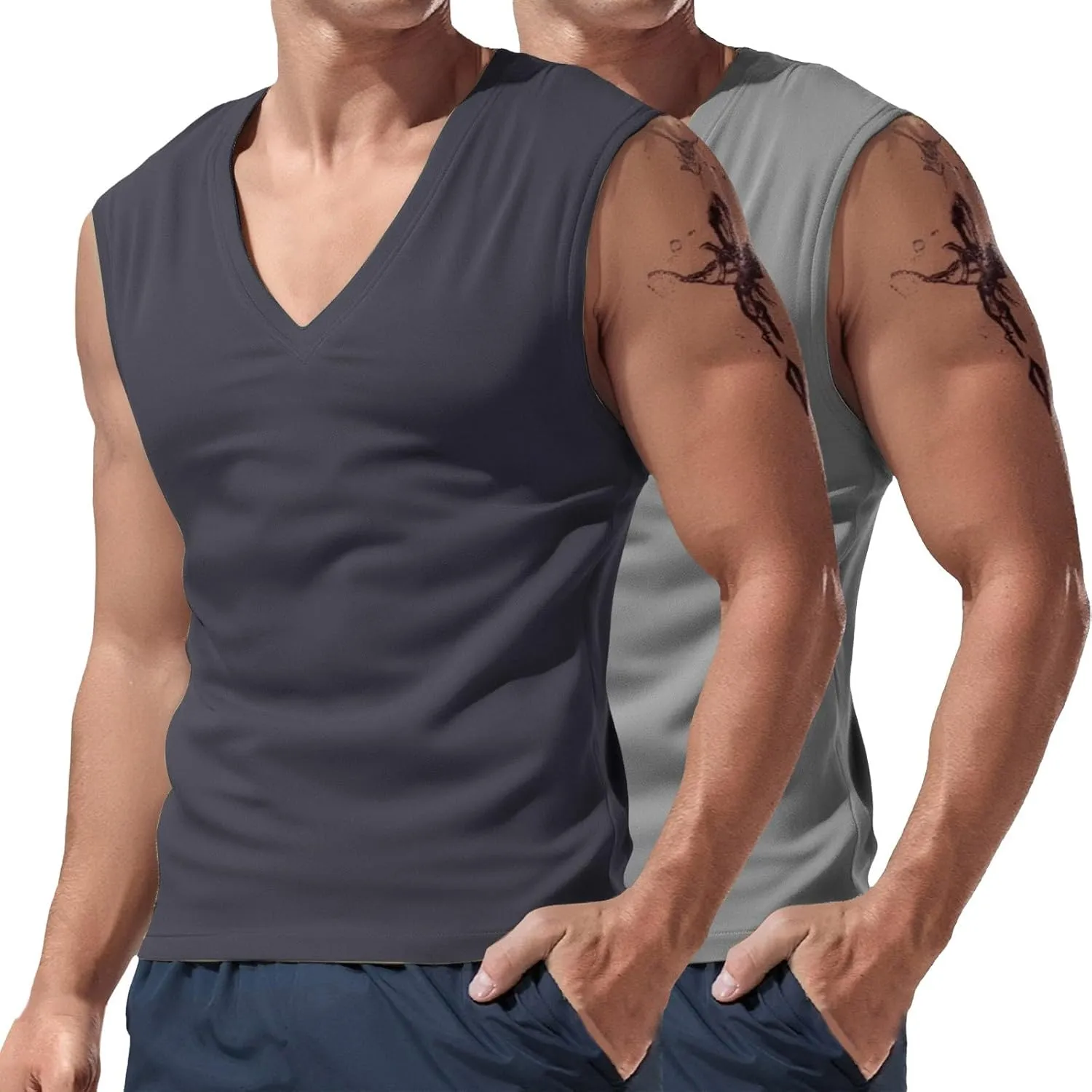 2 Pack Men's Muscle Shirts Fashion V Neck Sleeveless Workout Tank Tops Bodybuilding Gym Fitness Training Sport Tees