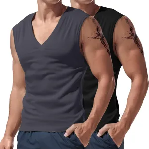 2 Pack Men's Muscle Shirts Fashion V Neck Sleeveless Workout Tank Tops Bodybuilding Gym Fitness Training Sport Tees
