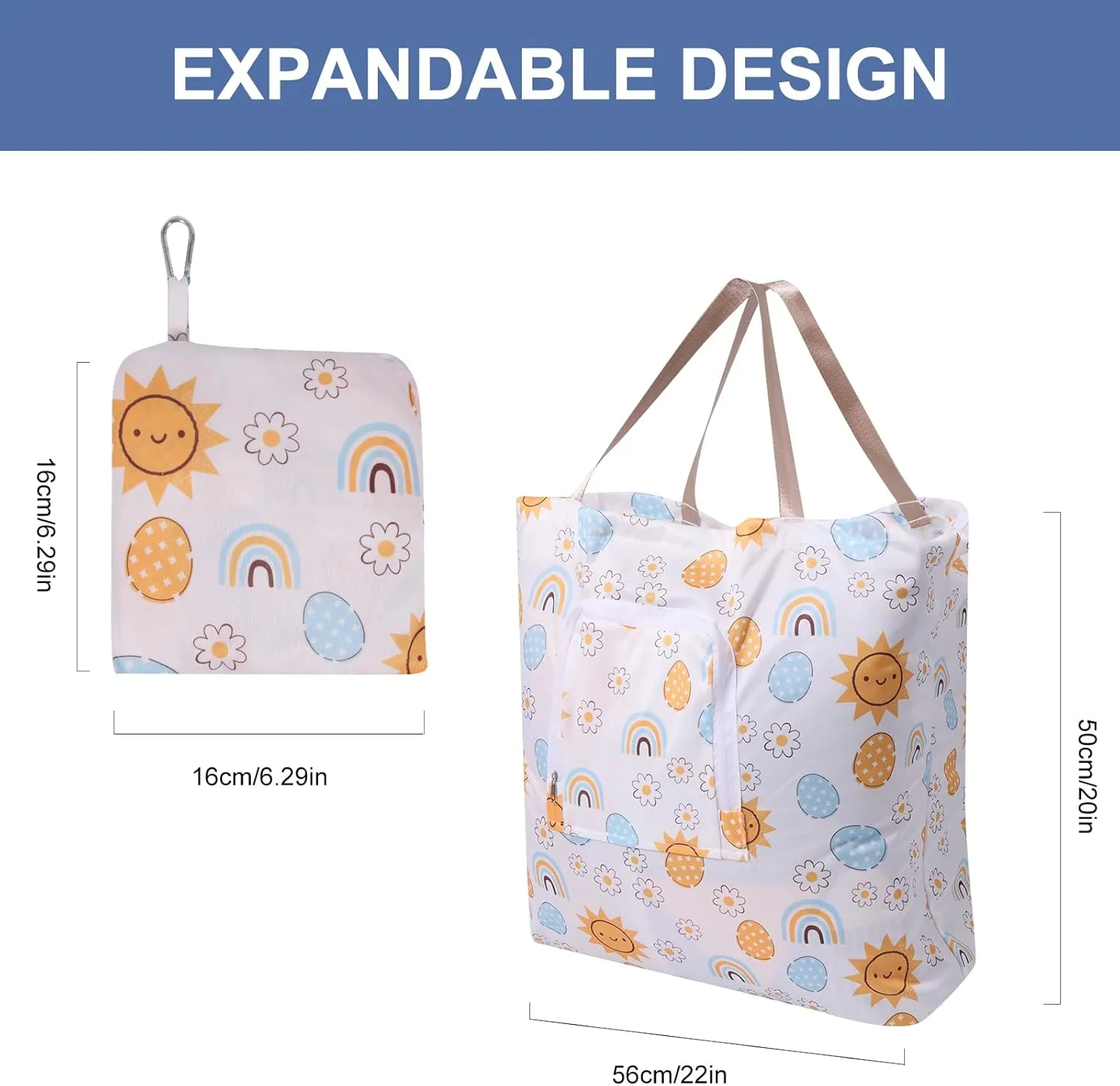 2 Pack Travel Laundry Bag with Handle and Drawstring, Expandable Foldable Dirty Clothes Bags with Hook and Zipper, 23*20 inch, Cartoon 3 White   Blue