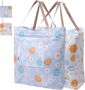 2 Pack Travel Laundry Bag with Handle and Drawstring, Expandable Foldable Dirty Clothes Bags with Hook and Zipper, 23*20 inch, Cartoon 3 White   Blue