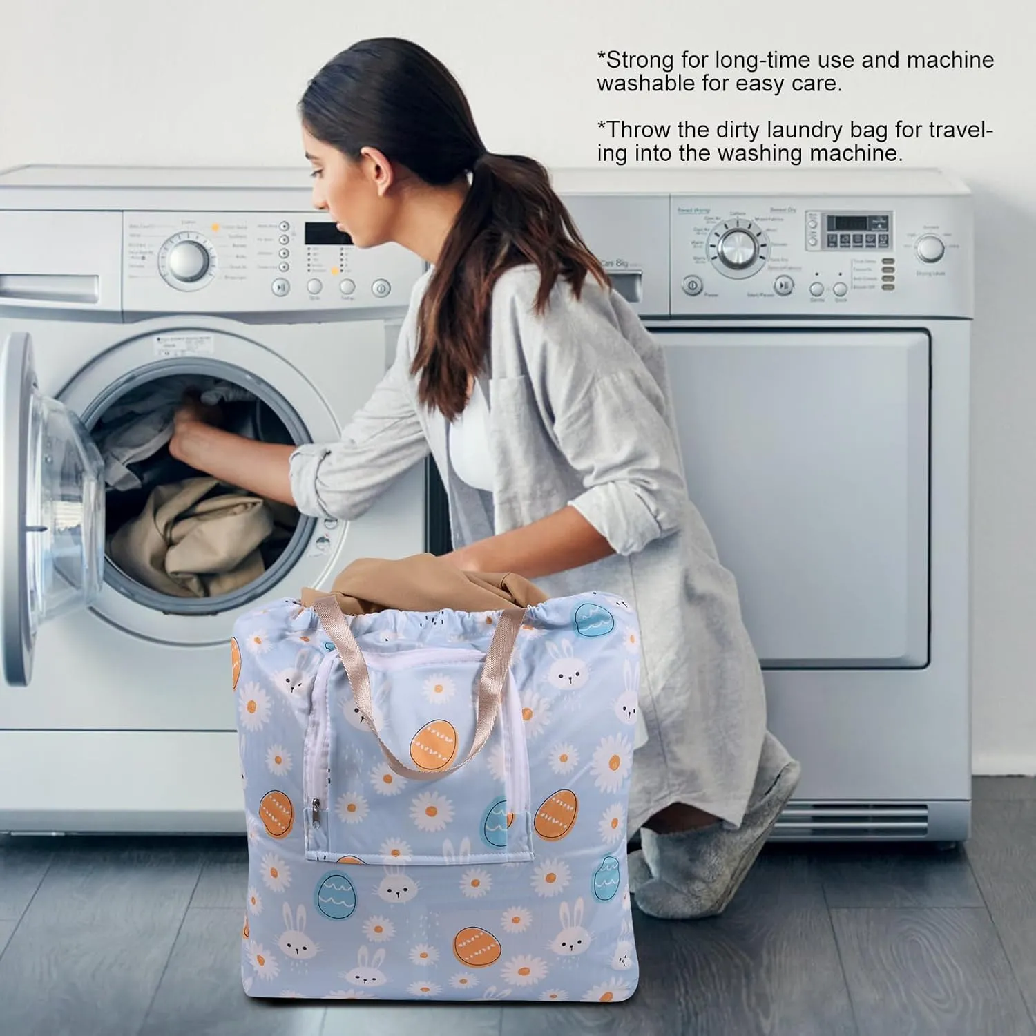 2 Pack Travel Laundry Bag with Handle and Drawstring, Expandable Foldable Dirty Clothes Bags with Hook and Zipper, 23*20 inch, Cartoon 3 White   Blue