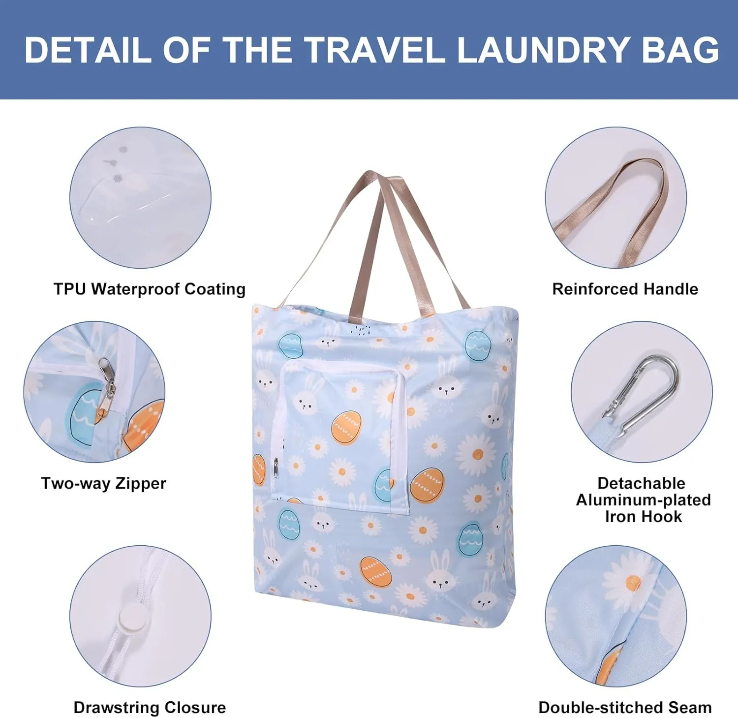 2 Pack Travel Laundry Bag with Handle and Drawstring, Expandable Foldable Dirty Clothes Bags with Hook and Zipper, 23*20 inch, Cartoon 3 White   Blue