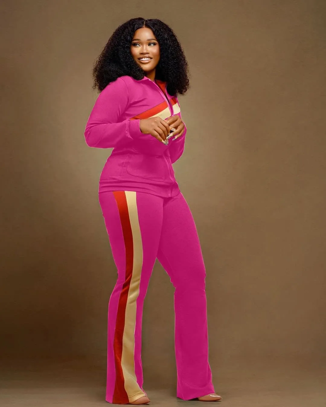 2 Piece Outfits for Women Long Sleeve Striped Zipup Jacket Wide Leg Long Pant Retro Tracksuit Sport Set Wine Red