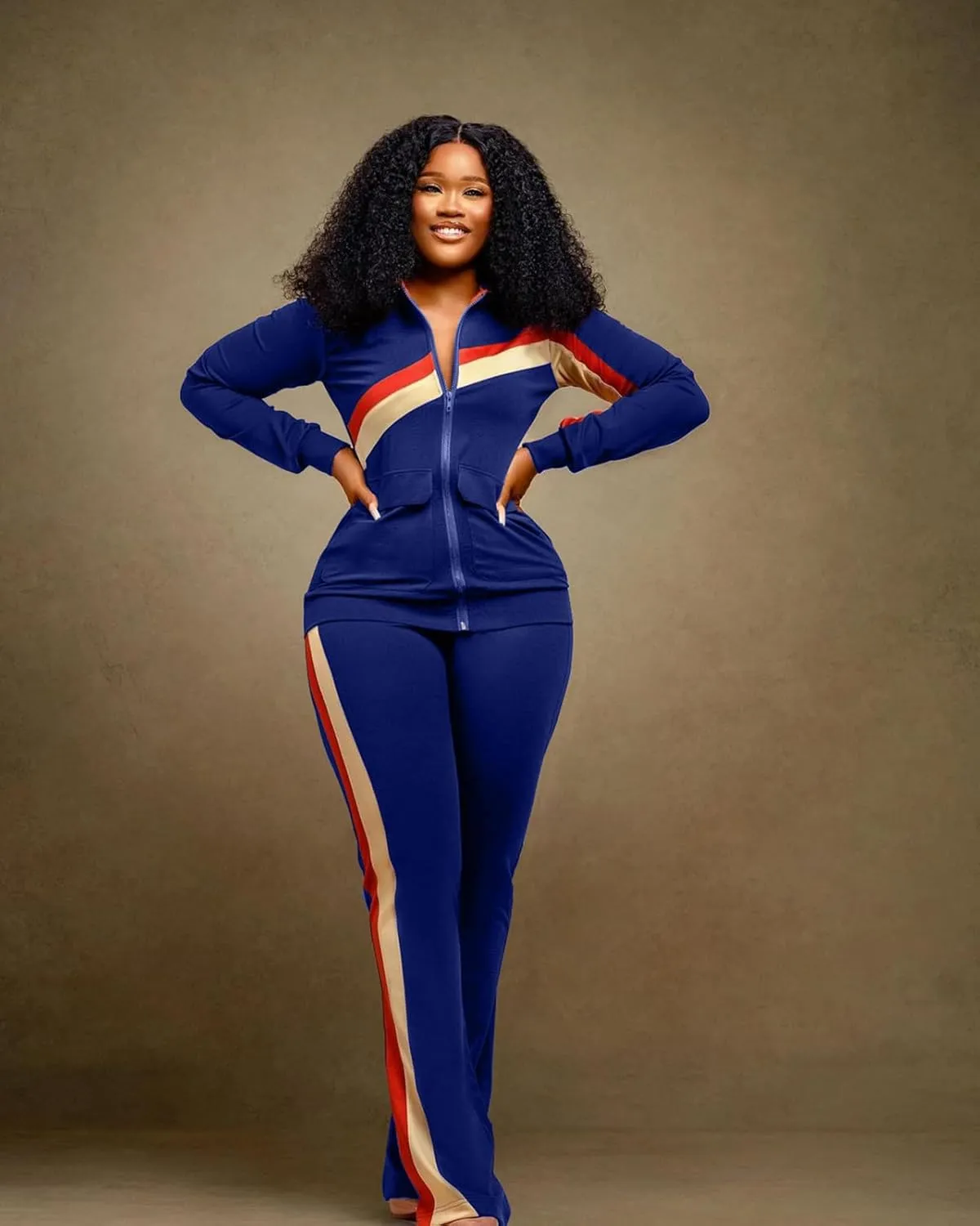 2 Piece Outfits for Women Long Sleeve Striped Zipup Jacket Wide Leg Long Pant Retro Tracksuit Sport Set Wine Red