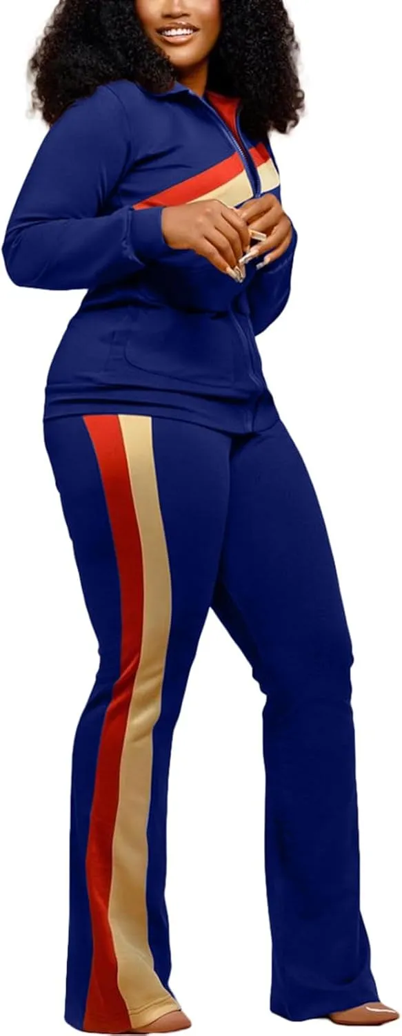 2 Piece Outfits for Women Long Sleeve Striped Zipup Jacket Wide Leg Long Pant Retro Tracksuit Sport Set Wine Red