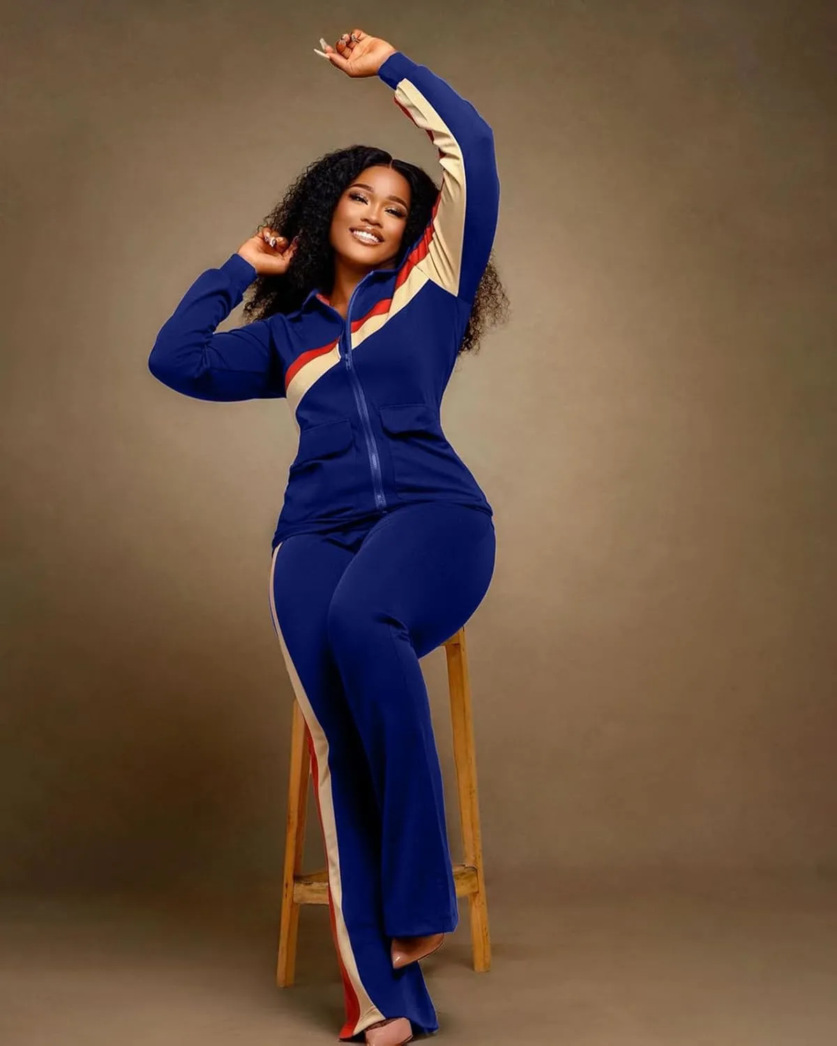 2 Piece Outfits for Women Long Sleeve Striped Zipup Jacket Wide Leg Long Pant Retro Tracksuit Sport Set Wine Red