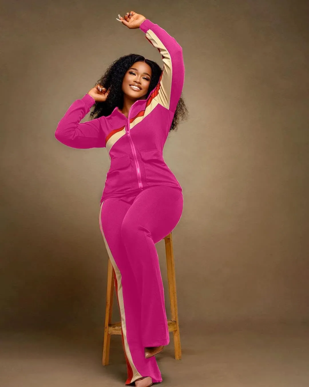 2 Piece Outfits for Women Long Sleeve Striped Zipup Jacket Wide Leg Long Pant Retro Tracksuit Sport Set Wine Red