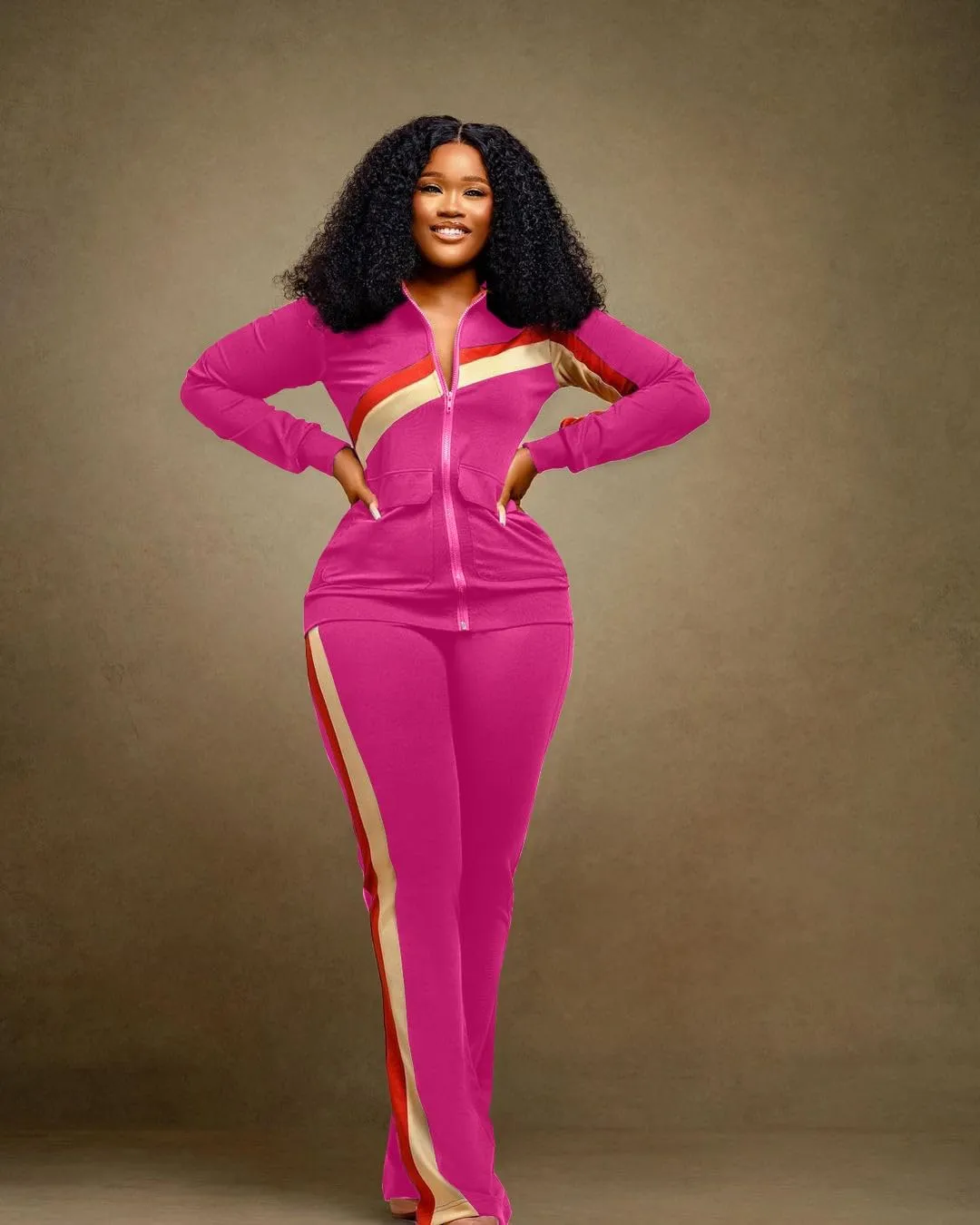 2 Piece Outfits for Women Long Sleeve Striped Zipup Jacket Wide Leg Long Pant Retro Tracksuit Sport Set Wine Red