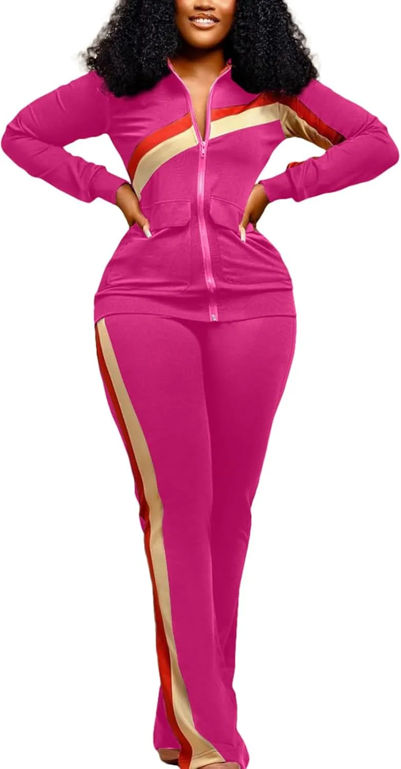 2 Piece Outfits for Women Long Sleeve Striped Zipup Jacket Wide Leg Long Pant Retro Tracksuit Sport Set Wine Red