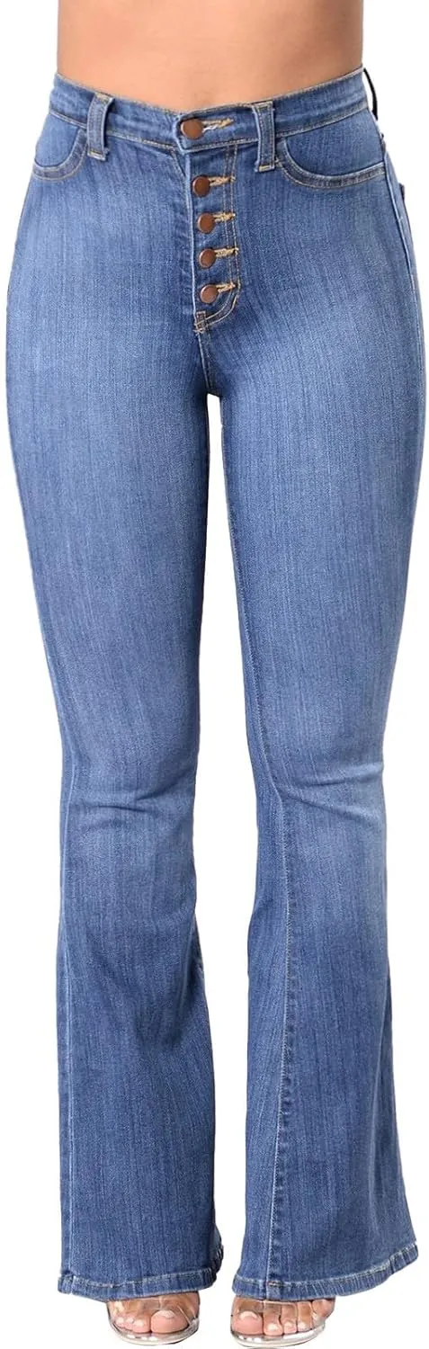2025 Jeans for Women Stretch Button Up Mid Waisted Flare Denim Jeans Fashion Retro Wide Leg Slim Bell Pencil Pants