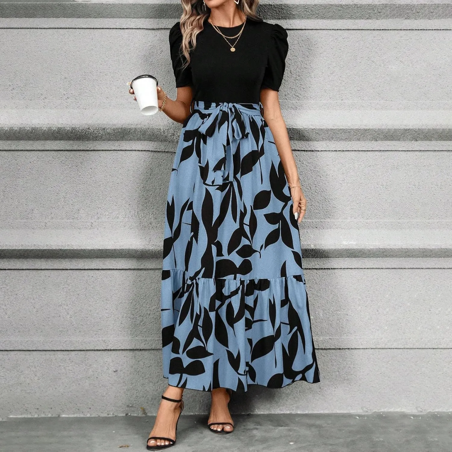 2025 Summer Fashion Elegant Temperament Curved Hem Women's Flower Round Neck Floral Printed High Waist Dresses
