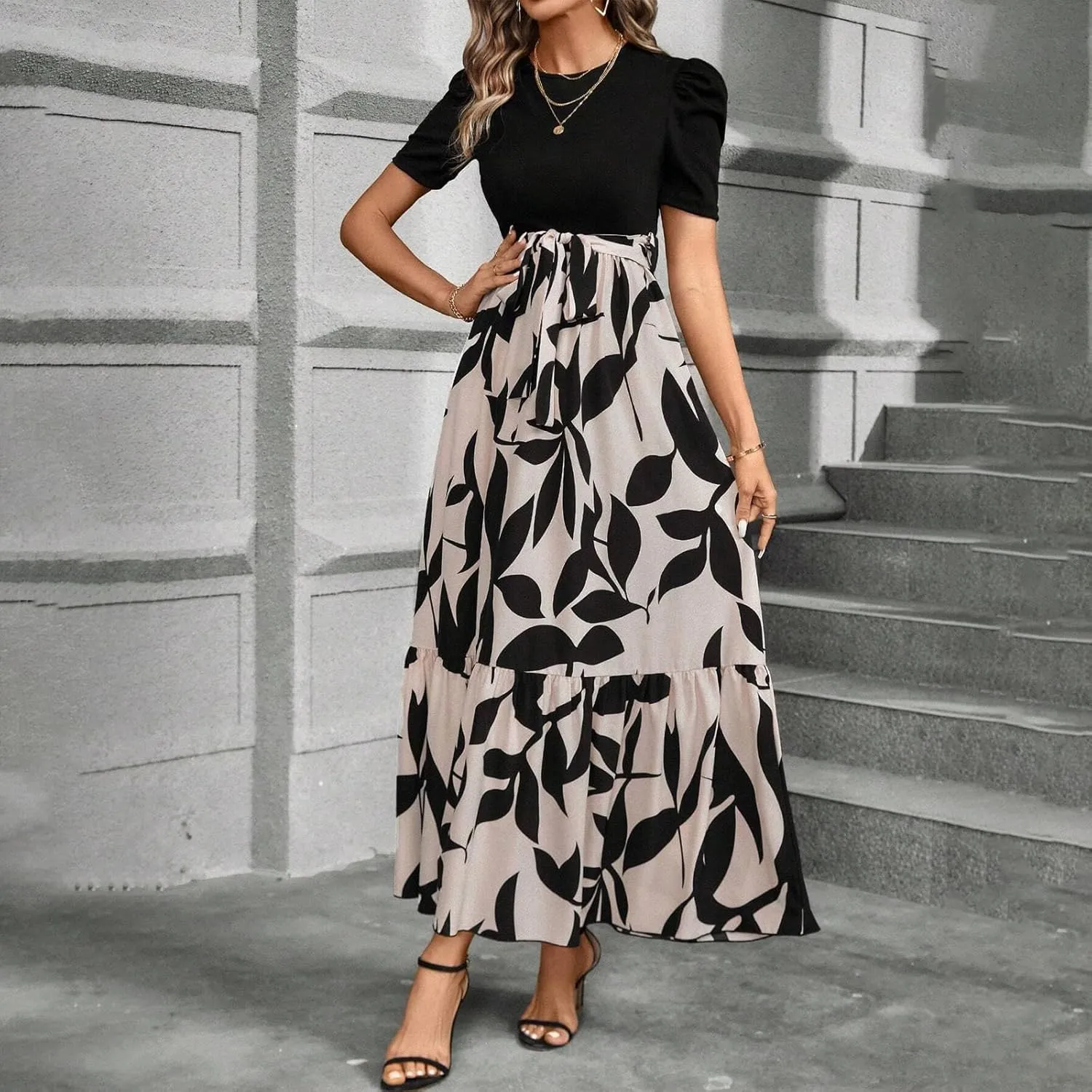 2025 Summer Fashion Elegant Temperament Curved Hem Women's Flower Round Neck Floral Printed High Waist Dresses