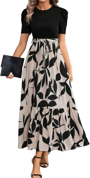 2025 Summer Fashion Elegant Temperament Curved Hem Women's Flower Round Neck Floral Printed High Waist Dresses