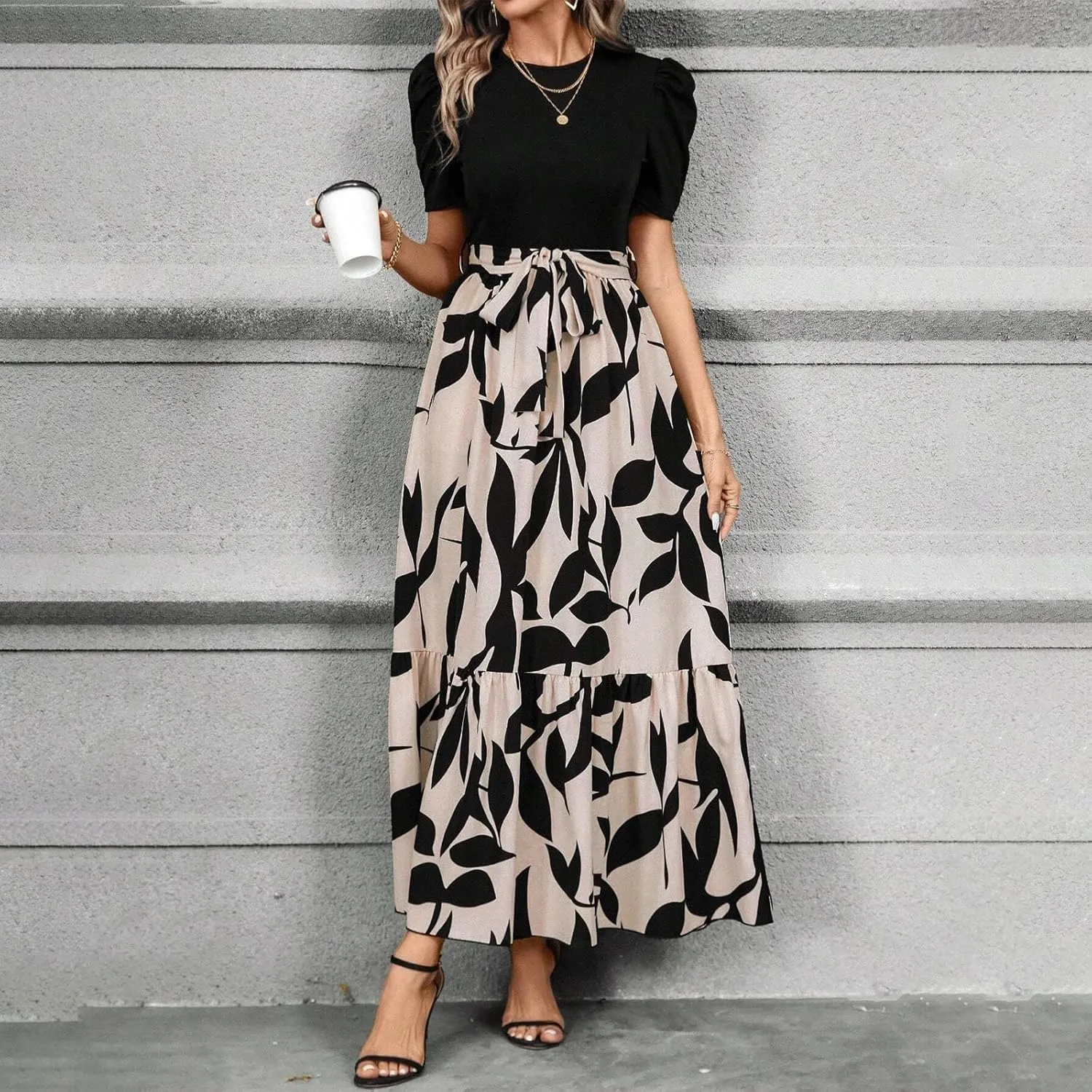 2025 Summer Fashion Elegant Temperament Curved Hem Women's Flower Round Neck Floral Printed High Waist Dresses