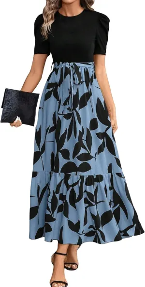 2025 Summer Fashion Elegant Temperament Curved Hem Women's Flower Round Neck Floral Printed High Waist Dresses