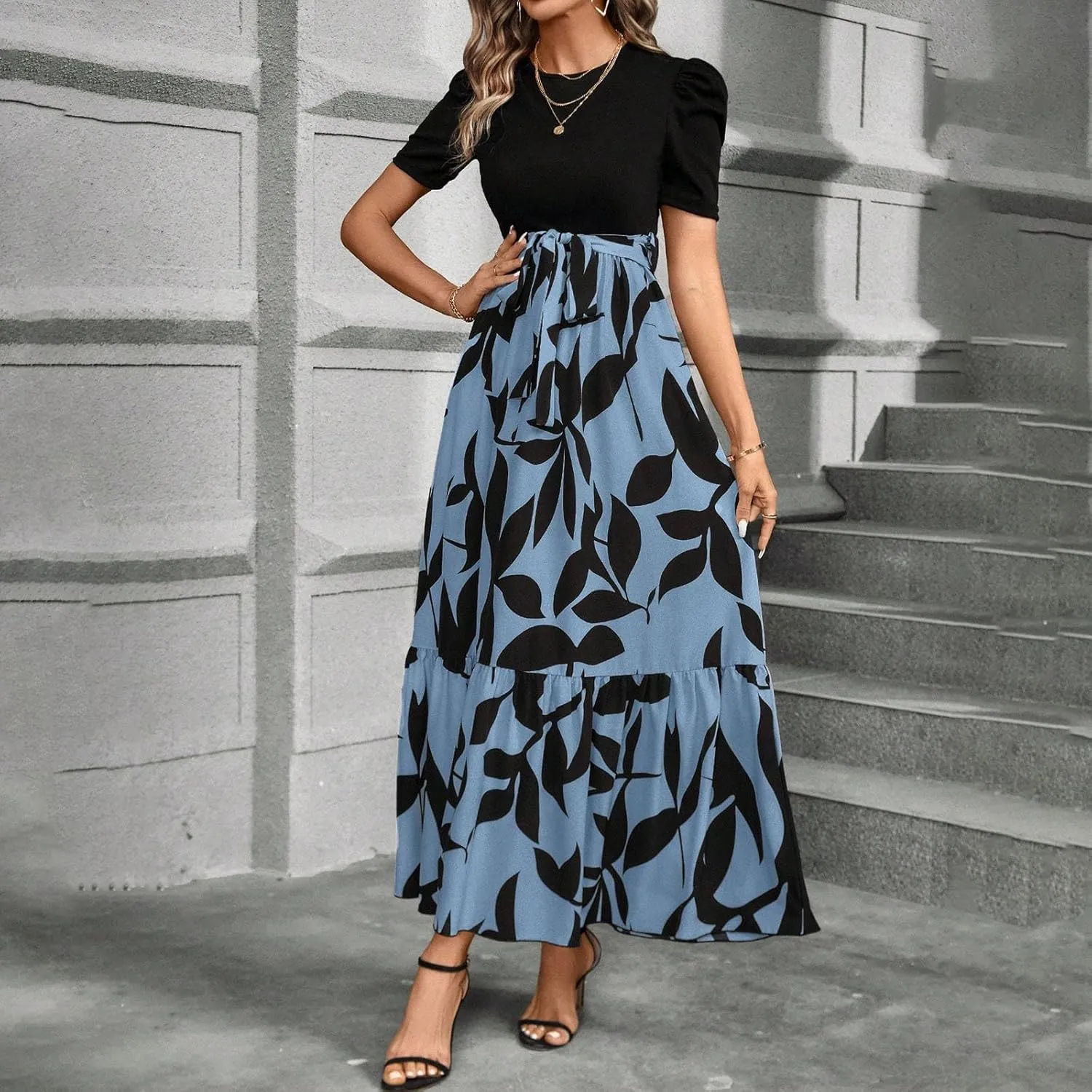2025 Summer Fashion Elegant Temperament Curved Hem Women's Flower Round Neck Floral Printed High Waist Dresses