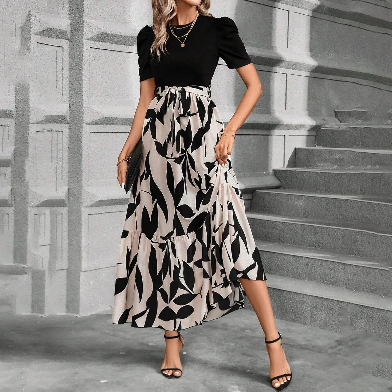 2025 Summer Fashion Elegant Temperament Curved Hem Women's Flower Round Neck Floral Printed High Waist Dresses