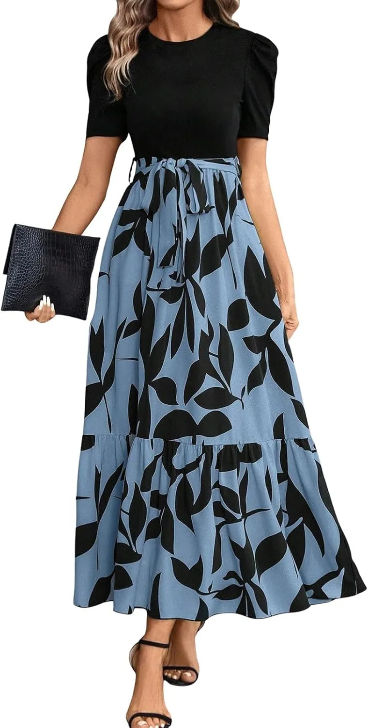 2025 Summer Fashion Elegant Temperament Curved Hem Women's Flower Round Neck Floral Printed High Waist Dresses