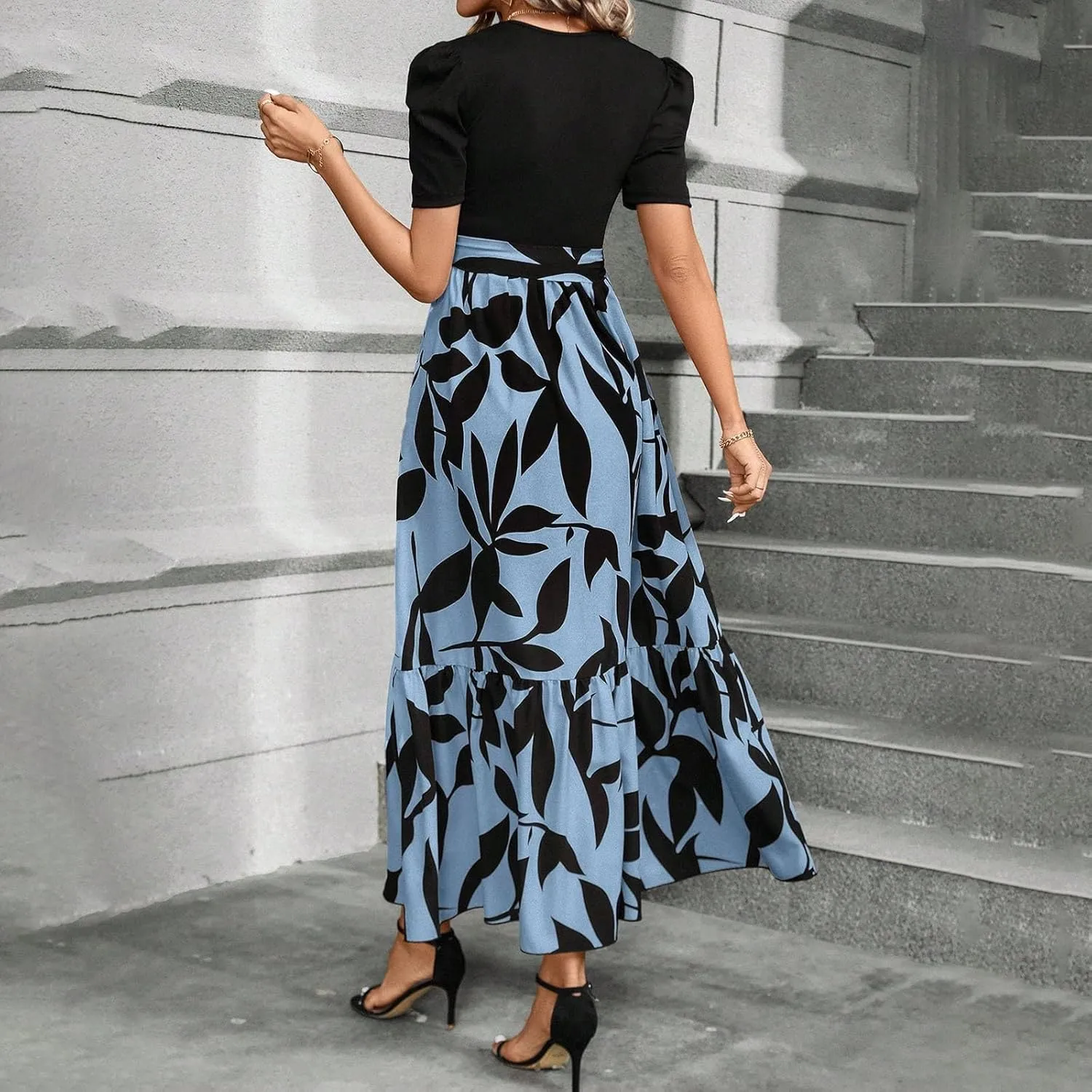 2025 Summer Fashion Elegant Temperament Curved Hem Women's Flower Round Neck Floral Printed High Waist Dresses