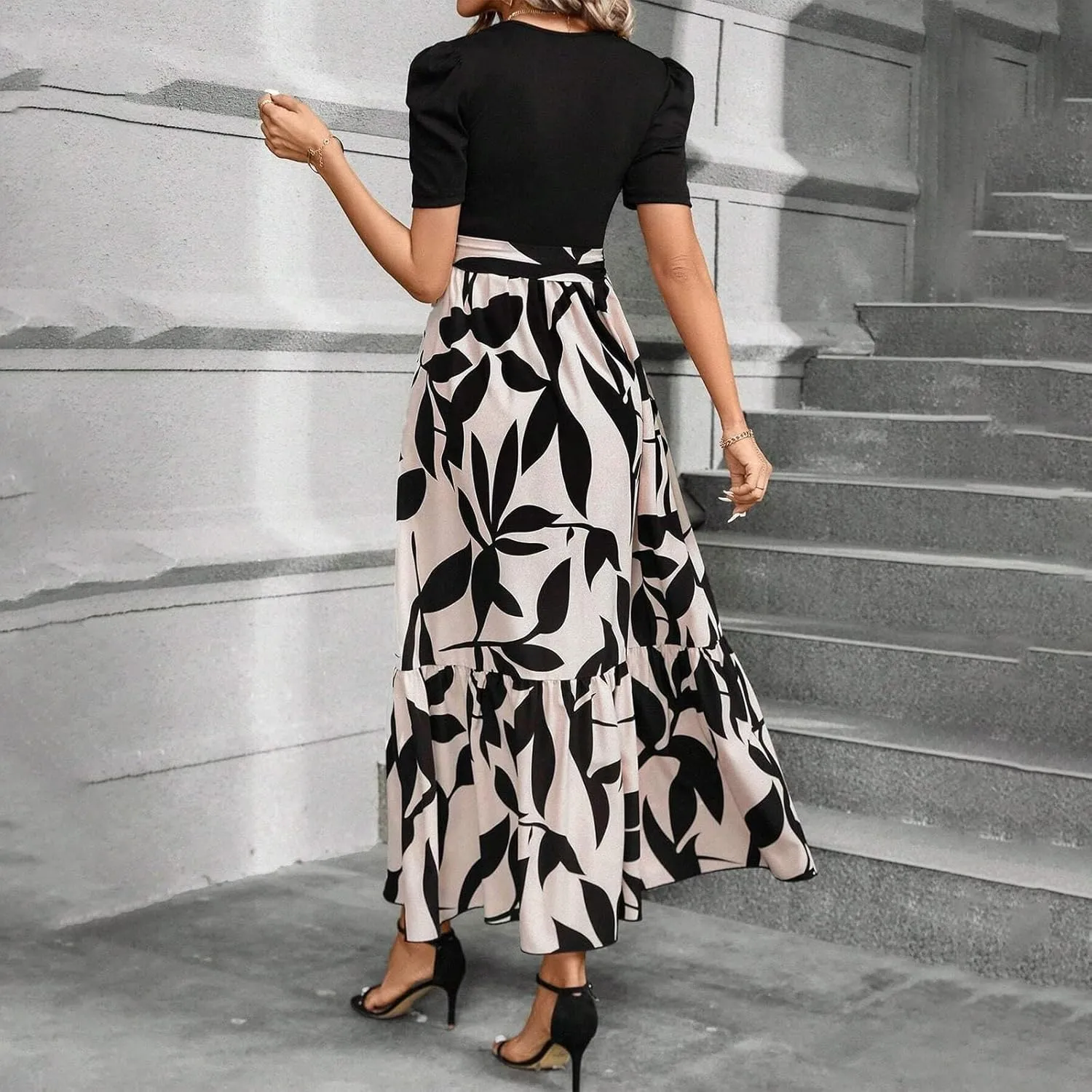 2025 Summer Fashion Elegant Temperament Curved Hem Women's Flower Round Neck Floral Printed High Waist Dresses