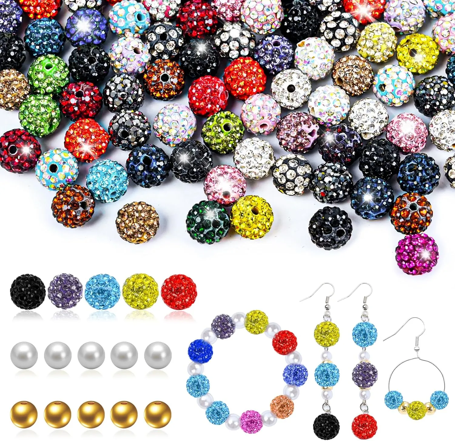236pcs  10mm Pave Rhinestone Beads Bulk - Shamballa Sparkling Diamond Clay Beads for Valentine's Day Crafting, European Style Necklace Earring DIY(Mixed Color)