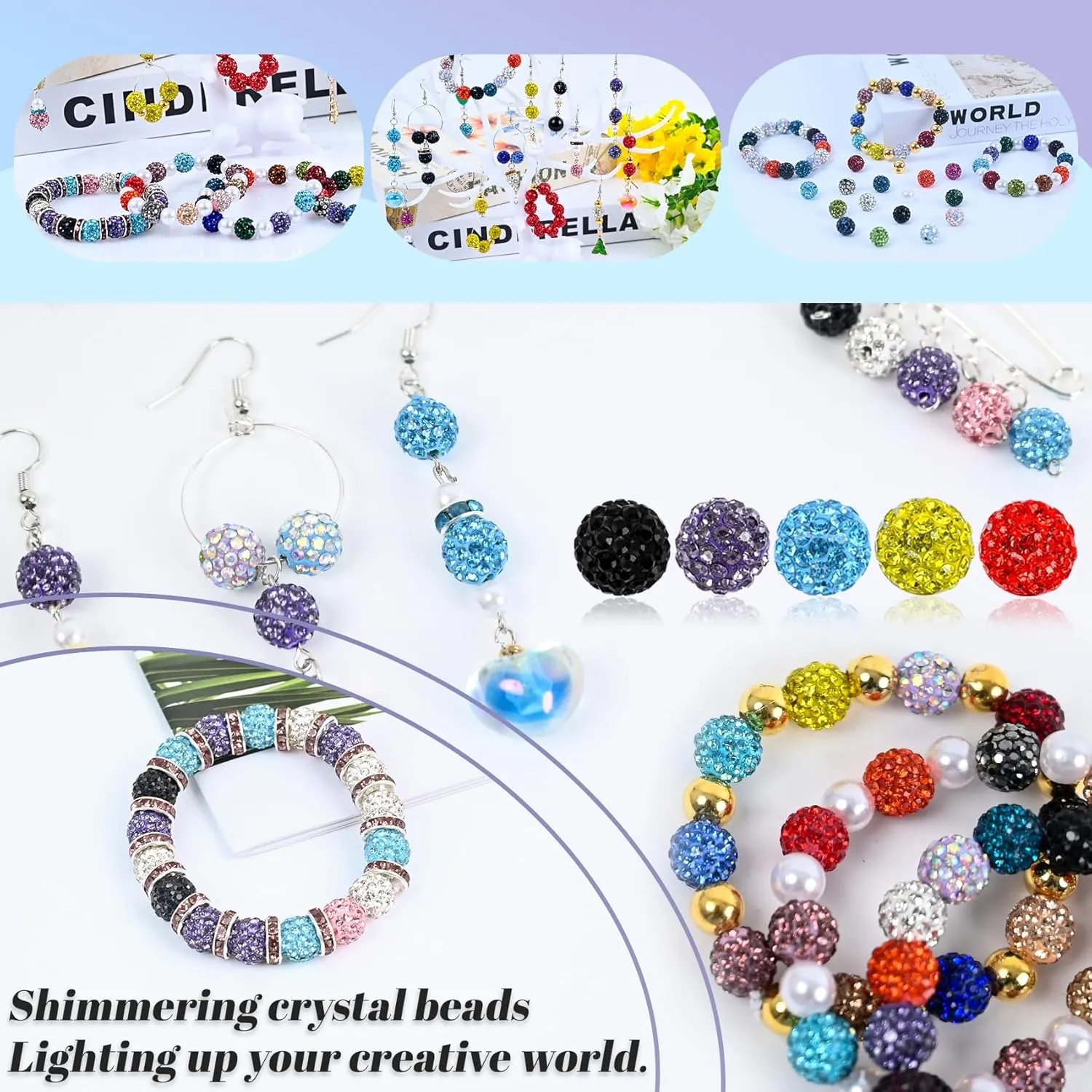 236pcs  10mm Pave Rhinestone Beads Bulk - Shamballa Sparkling Diamond Clay Beads for Valentine's Day Crafting, European Style Necklace Earring DIY(Mixed Color)