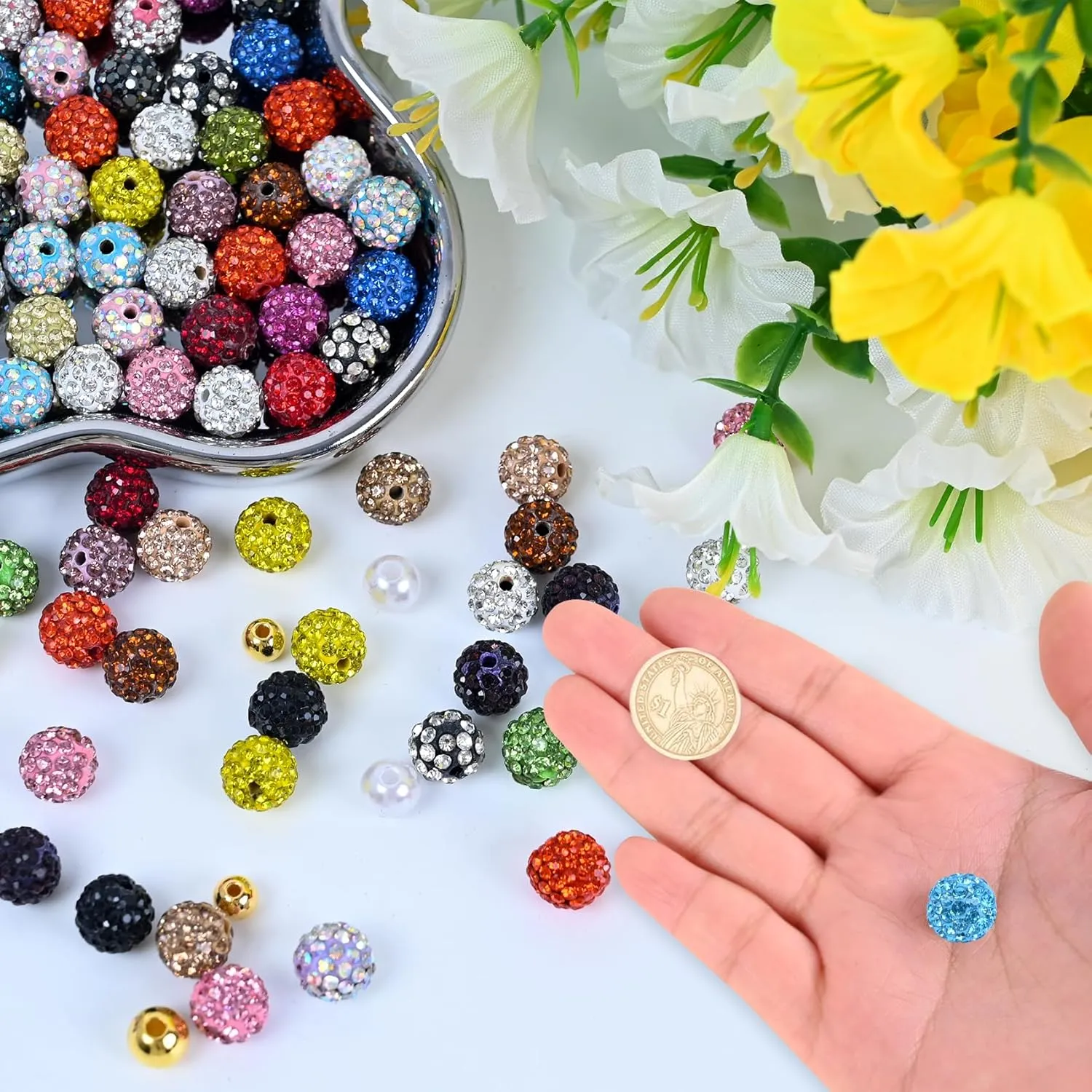 236pcs  10mm Pave Rhinestone Beads Bulk - Shamballa Sparkling Diamond Clay Beads for Valentine's Day Crafting, European Style Necklace Earring DIY(Mixed Color)