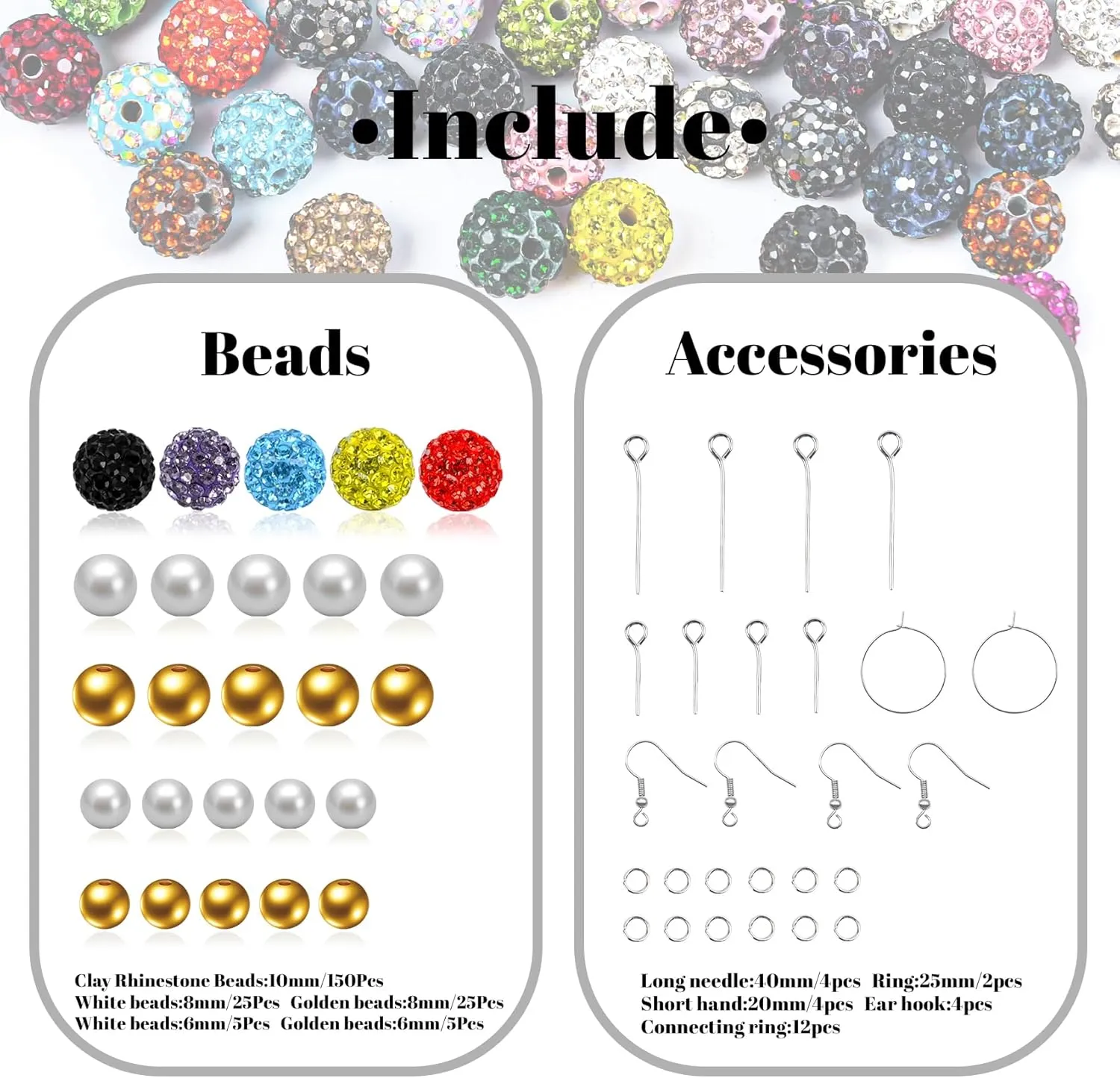 236pcs  10mm Pave Rhinestone Beads Bulk - Shamballa Sparkling Diamond Clay Beads for Valentine's Day Crafting, European Style Necklace Earring DIY(Mixed Color)
