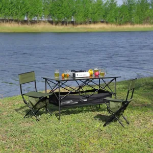 280lb Heavy Duty Folding Table and Chairs Set with Aluminum Roll-Up Table & Oxford Fabric, 3-Piece Outdoor Dining Set for Camping/BBQ/Patio - Compact, Waterproof & Quick Assembly (3PCS-Green,46.46L)