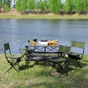 280lb Heavy Duty Folding Table and Chairs Set with Aluminum Roll-Up Table & Oxford Fabric, 3-Piece Outdoor Dining Set for Camping/BBQ/Patio - Compact, Waterproof & Quick Assembly (5PCS-Green,46.46)