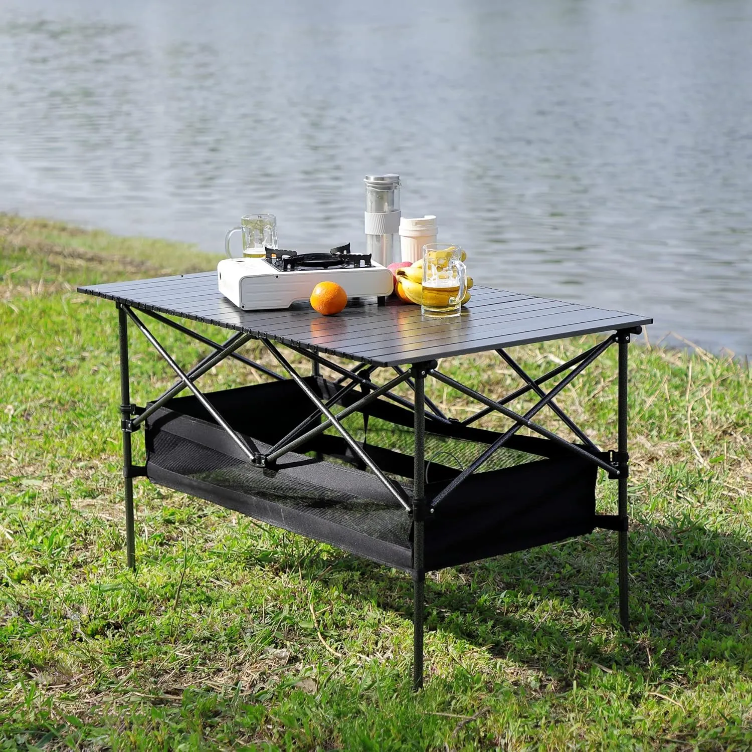 280lb Heavy Duty Folding Table and Chairs Set with Aluminum Roll-Up Table & Oxford Fabric, 3-Piece Outdoor Dining Set for Camping/BBQ/Patio - Compact, Waterproof & Quick Assembly (5PCS-Green,46.46)