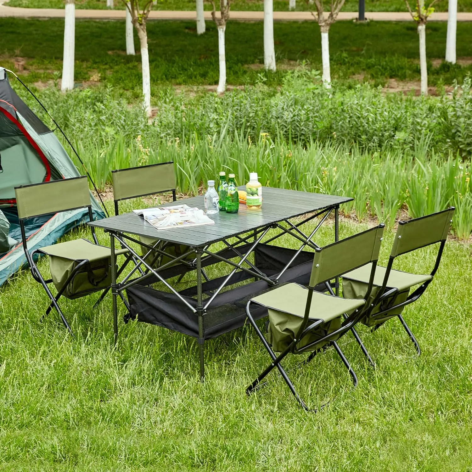 280lb Heavy Duty Folding Table and Chairs Set with Aluminum Roll-Up Table & Oxford Fabric, 3-Piece Outdoor Dining Set for Camping/BBQ/Patio - Compact, Waterproof & Quick Assembly (5PCS-Green,46.46)