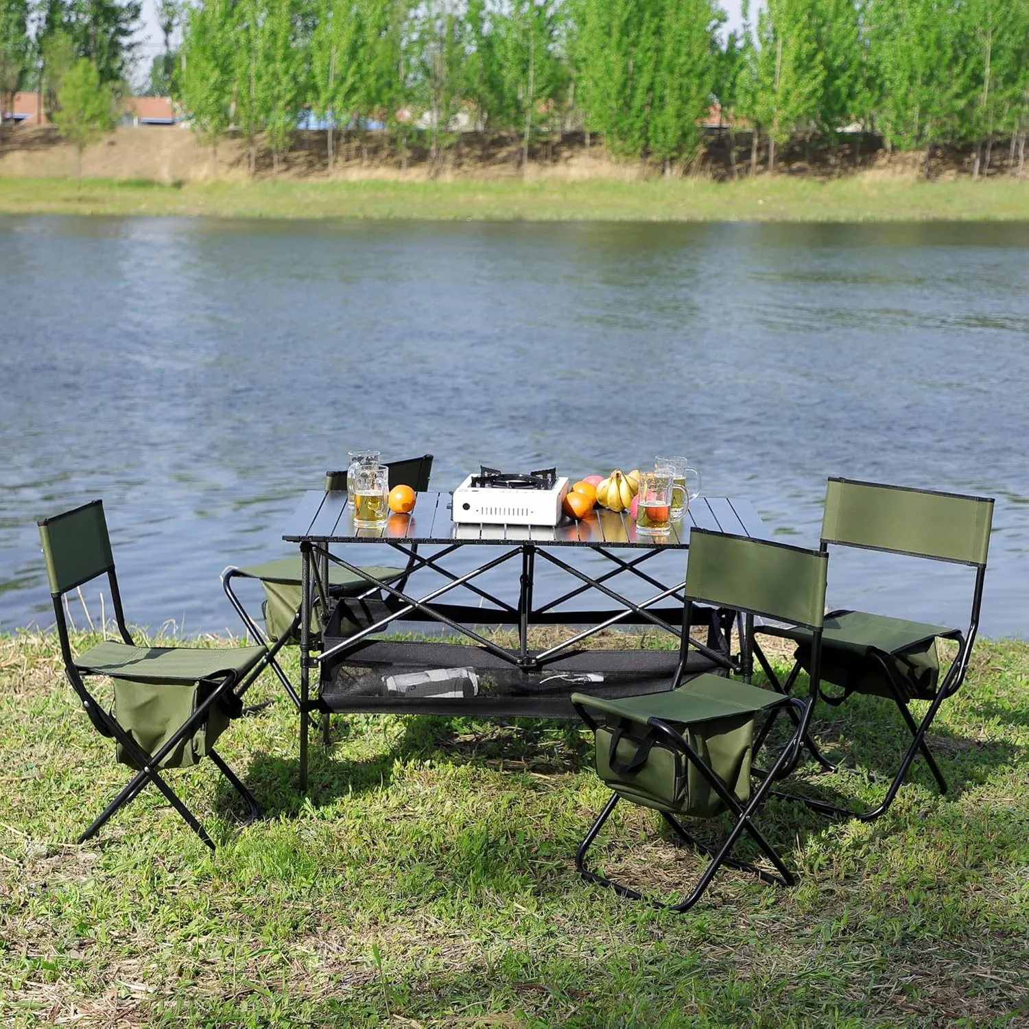 280lb Heavy Duty Folding Table and Chairs Set with Aluminum Roll-Up Table & Oxford Fabric, 3-Piece Outdoor Dining Set for Camping/BBQ/Patio - Compact, Waterproof & Quick Assembly (5PCS-Green,46.46)