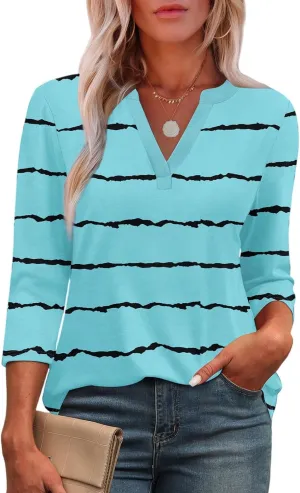 3/4 Length Sleeve Womens Tops Trendy Striped V Neck T Shirts Casual Loose Fit Workout Three Quarter Dressy Blouse