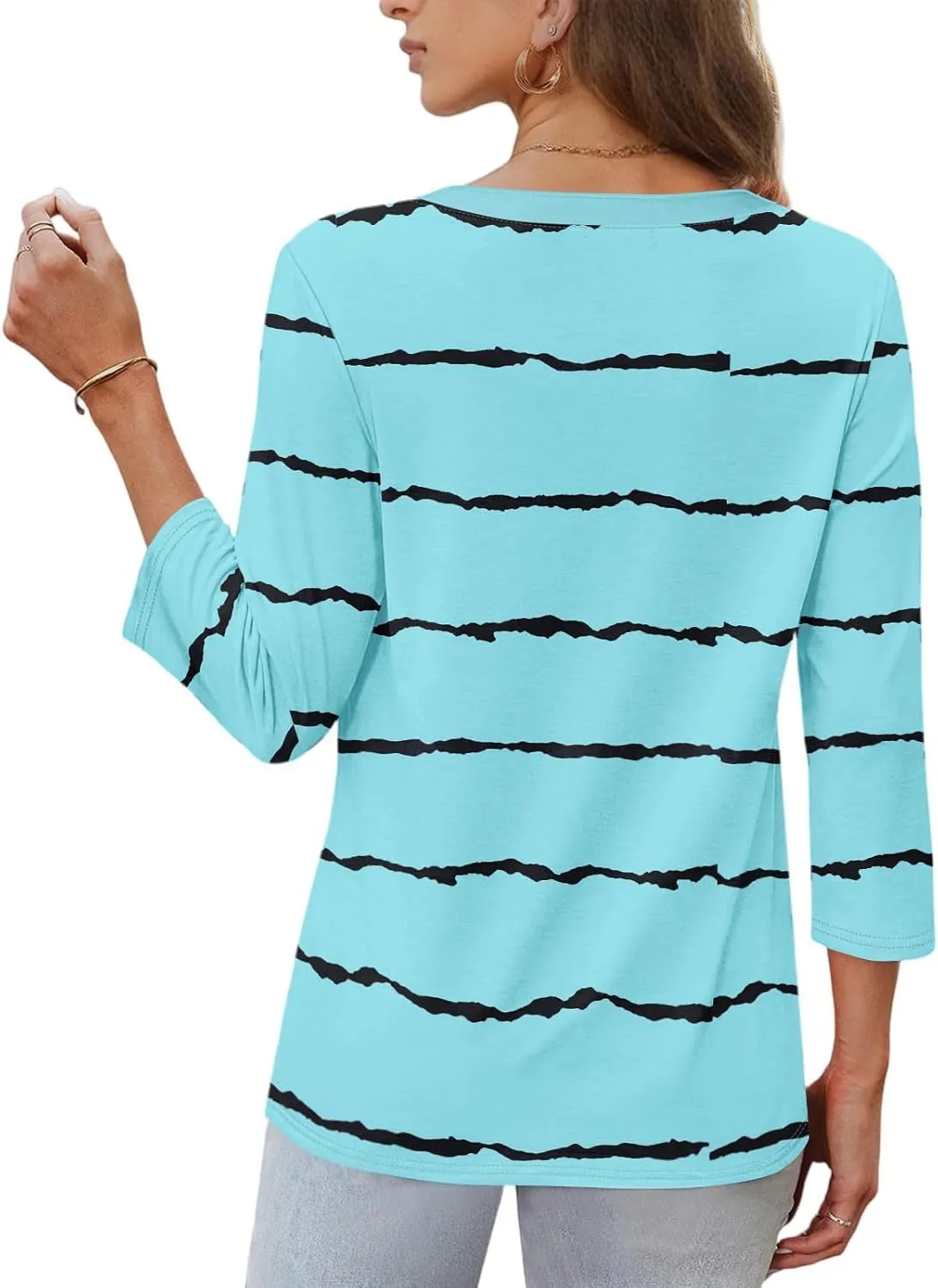 3/4 Length Sleeve Womens Tops Trendy Striped V Neck T Shirts Casual Loose Fit Workout Three Quarter Dressy Blouse