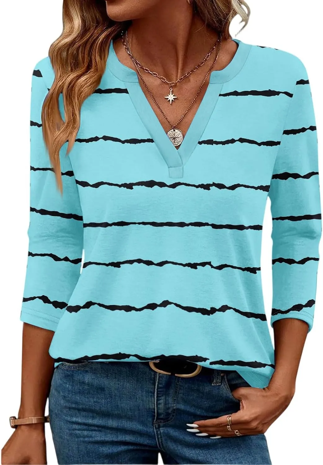 3/4 Length Sleeve Womens Tops Trendy Striped V Neck T Shirts Casual Loose Fit Workout Three Quarter Dressy Blouse