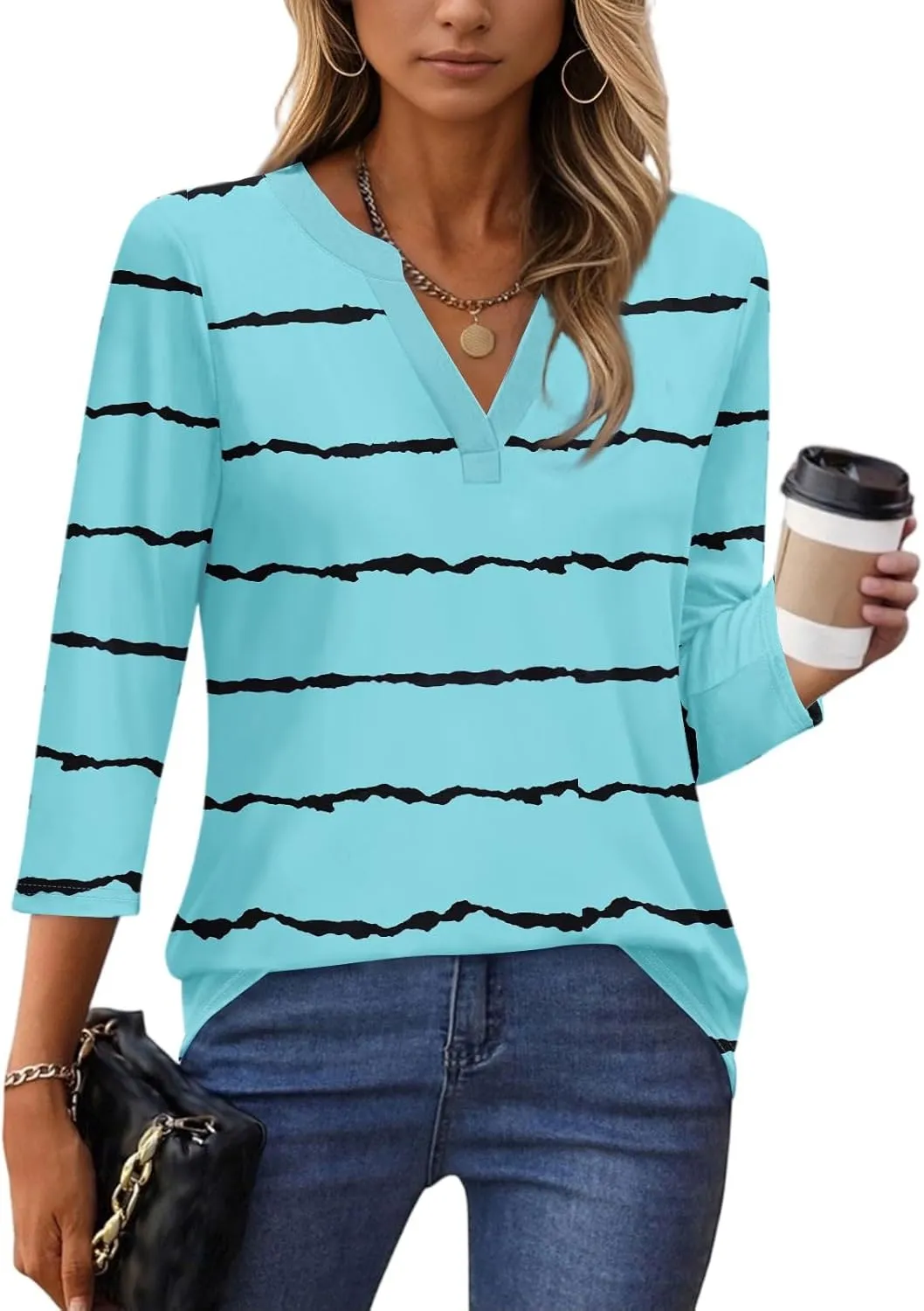 3/4 Length Sleeve Womens Tops Trendy Striped V Neck T Shirts Casual Loose Fit Workout Three Quarter Dressy Blouse